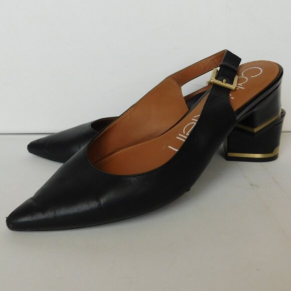 Calvin Klein Glorianne Black Leather Slingback Pointed Toe Shoes Block 2" Heel - Picture 1 of 12